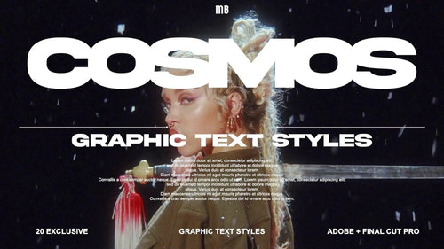 COSMOS cinematic titles and text presets cover featuring sleek, modern design for video editing by moonbear.shop.