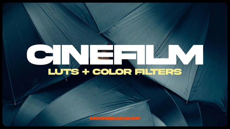 CineFilm Cinematic Film LUT Pack by moonbear.shop, showcasing colorful sample images of cinematic color grading effects.