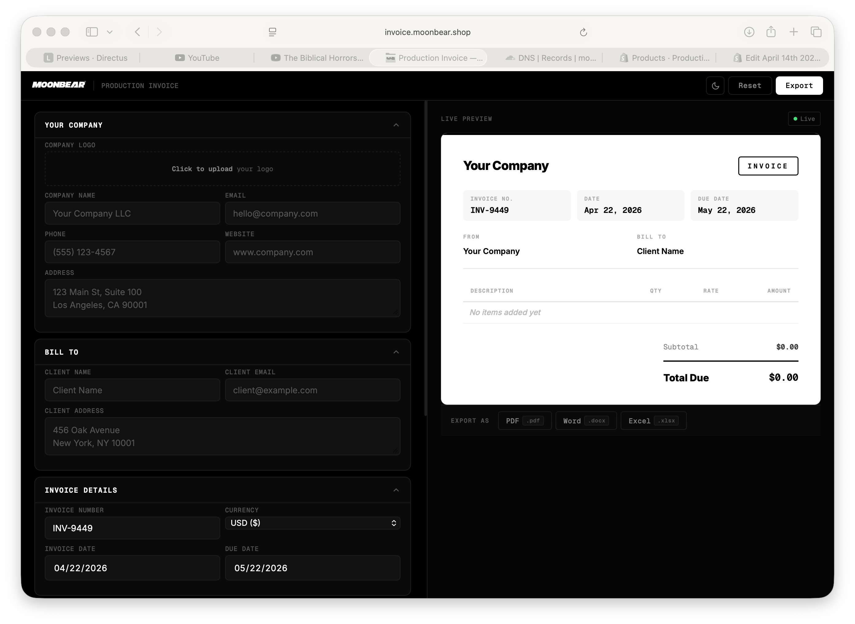 Production Invoice Template