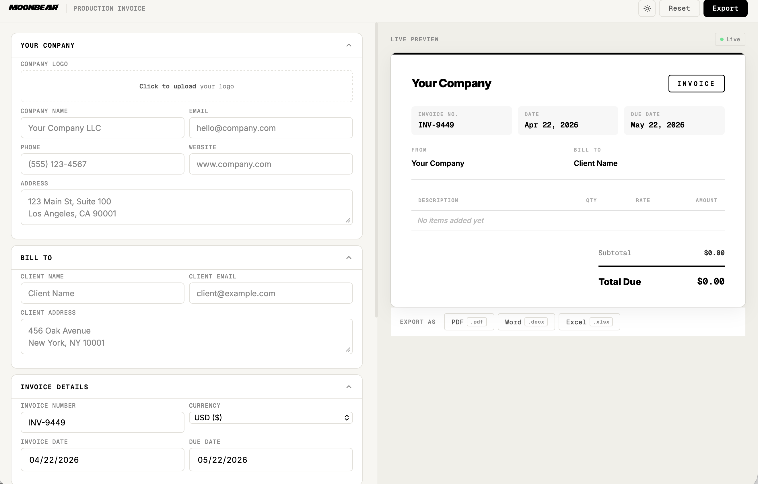 Production Invoice Template